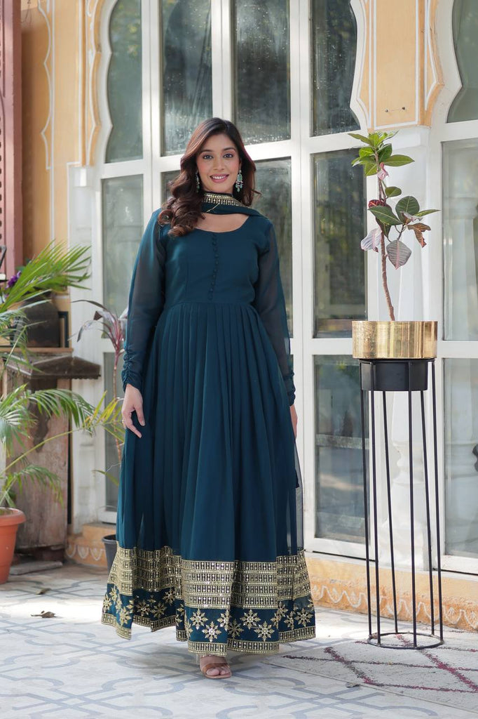 Rama Elegant Faux Blooming Embroidered Gown with Dupatta: The Perfect Ensemble for Special Occasions 1 Rama Elegant Faux Blooming Embroidered Gown with Dupatta