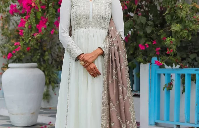 Elegance Redefined: The White Premium Designer Fancy Anarkali Gown Set