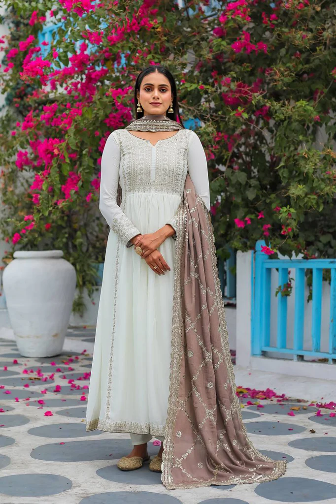 Elegance Redefined: The White Premium Designer Fancy Anarkali Gown Set 1 White Premium Designer Fancy Anarkali Gown Set