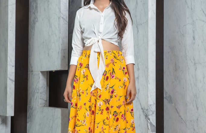 Stylish Indo Western Skirt Set: Yellow Printed Crepe Skirt with White Shirt Top for Casual Elegance