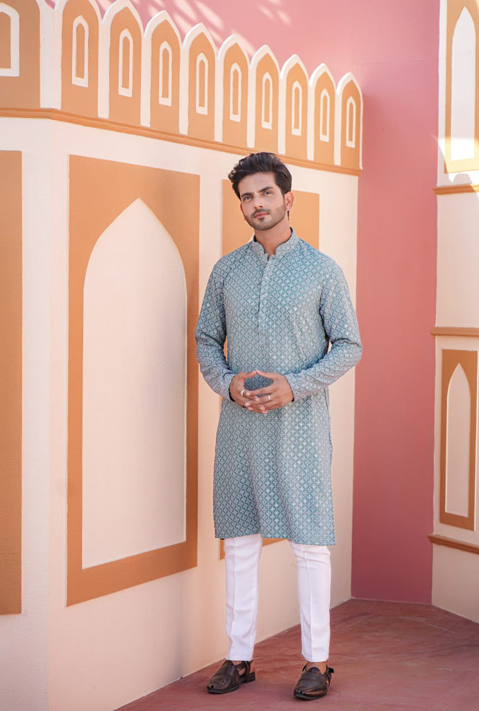 Elevate Your Style with the Aqua Green Full Stitched Men Kurta: A Perfect Blend of Elegance and Comfort 1 Aqua Green Full Stitched Men Kurta with Heavy Foil Print and Embroidery Work