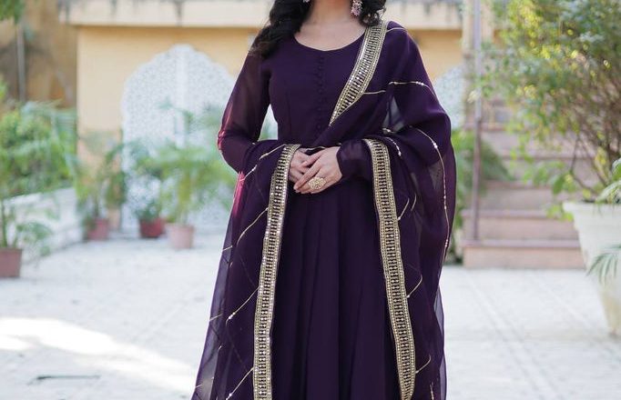 Dark Purple Elegant Faux Blooming Embroidered Gown with Dupatta: The Perfect Ensemble for Special Occasions