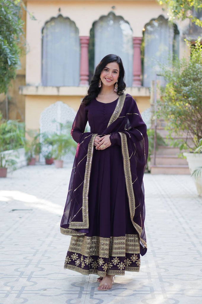 Dark Purple Elegant Faux Blooming Embroidered Gown with Dupatta: The Perfect Ensemble for Special Occasions 1 Dark Purple Elegant Faux Blooming Embroidered Gown with Dupatta