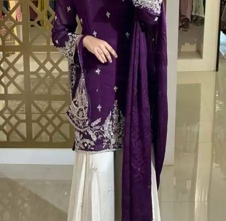 Purple Premium Designer Party Wear: Elevate Your Style with Heavy Chinon Silk Top, Palazzo & Dupatta Set