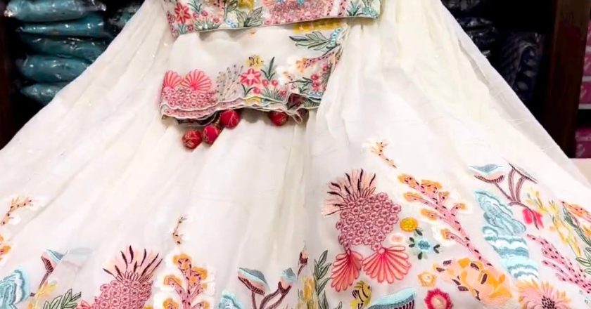 Make a Grand Entrance with a White Designer Heavy Embroidery Lehenga with Sequins