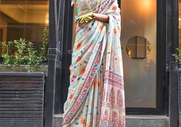 Off White Elegant Bollywood Satin Printed Saree: Your Go-To Party & Festive Wear