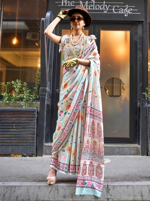Off White Elegant Bollywood Satin Printed Saree: Your Go-To Party & Festive Wear 1 Off White Elegant Bollywood Satin Printed Saree – Party & Festive Wear