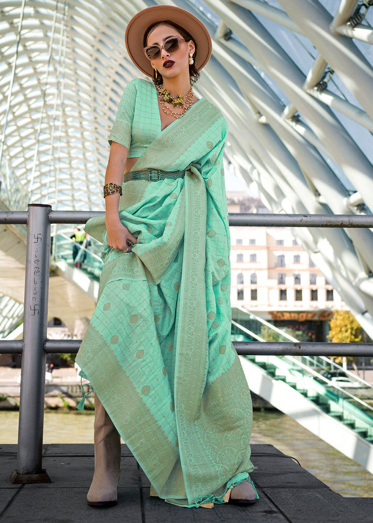 Embrace Timeless Elegance: The Sea Green Banarasi Blended Silk Saree from Clothsvilla 1 Sea Green Elegant Banarasi Blended Silk Saree – Handwoven Heritage for Special Occasions